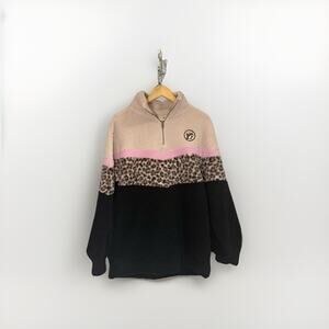 Buc-ee’s Women’s Large Sherpa Fleece Pullover Beige Pink Leopard Black Half Zip